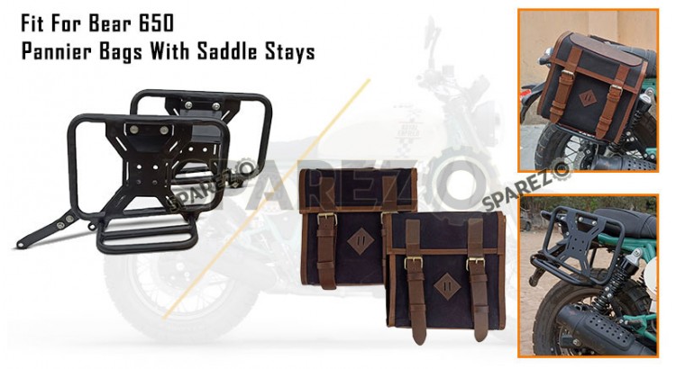 For Royal Enfield Bear 650 Canvas and Leather Pannier Bags Black With Saddle Stays - SPAREZO